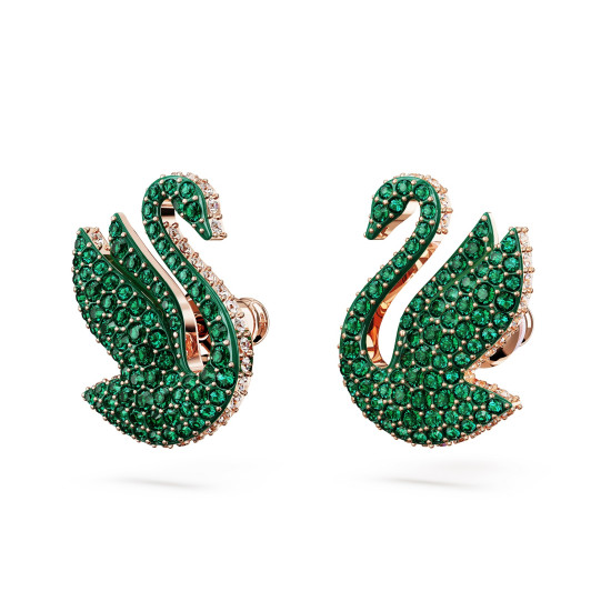 Σκουλαρίκια με Καραφάκι Swarovski Iconic Swan Κύκνος, Πράσινα, Επιμετάλλωση σε Ροζ Χρυσαφί Τόνο
