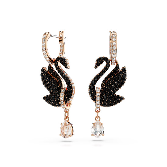 Σκουλαρίκια-Σταγόνα Swarovski Swan Κύκνος, Μαύρα, Επιμετάλλωση Σε Ροζ Χρυσαφί Τόνο