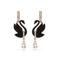 Σκουλαρίκια-Σταγόνα Swarovski Swan Κύκνος, Μαύρα, Επιμετάλλωση Σε Ροζ Χρυσαφί Τόνο