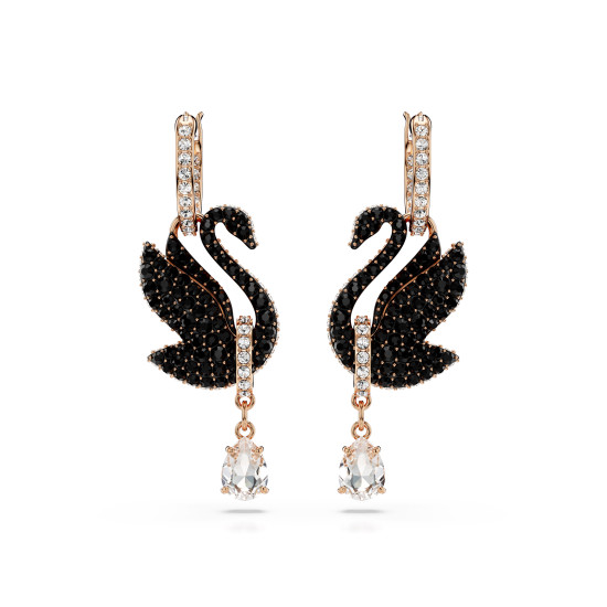 Σκουλαρίκια-Σταγόνα Swarovski Swan Κύκνος, Μαύρα, Επιμετάλλωση Σε Ροζ Χρυσαφί Τόνο