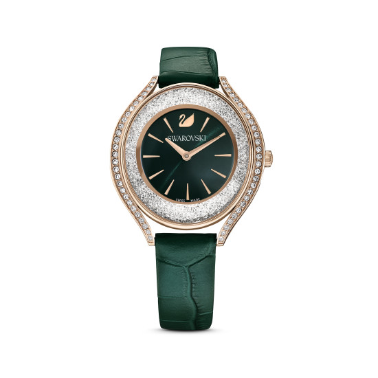 Ρολόι Crystalline Aura Eλβετικής Κατασκευής, Δερμάτινο Λουράκι, Πράσινο, Φινίρισμα σε Χρυσό Σαμπανί Τόνο