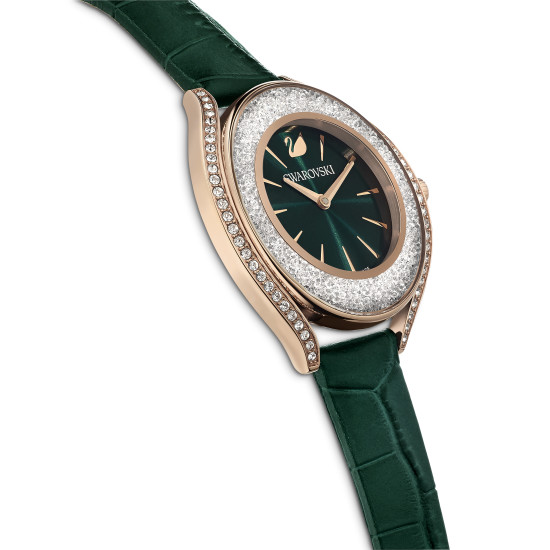 Ρολόι Crystalline Aura Eλβετικής Κατασκευής, Δερμάτινο Λουράκι, Πράσινο, Φινίρισμα σε Χρυσό Σαμπανί Τόνο